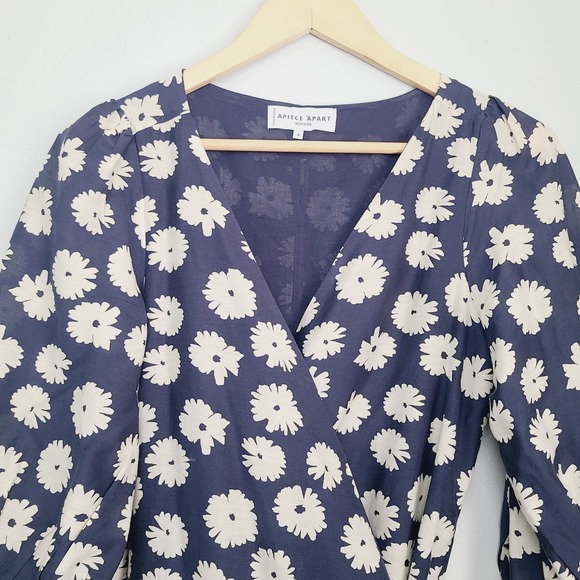Apiece Apart NY Floral Wrap Midi Dress Navy White Cotton Silk 4 Modern Boho Work - Picture 2 of 11